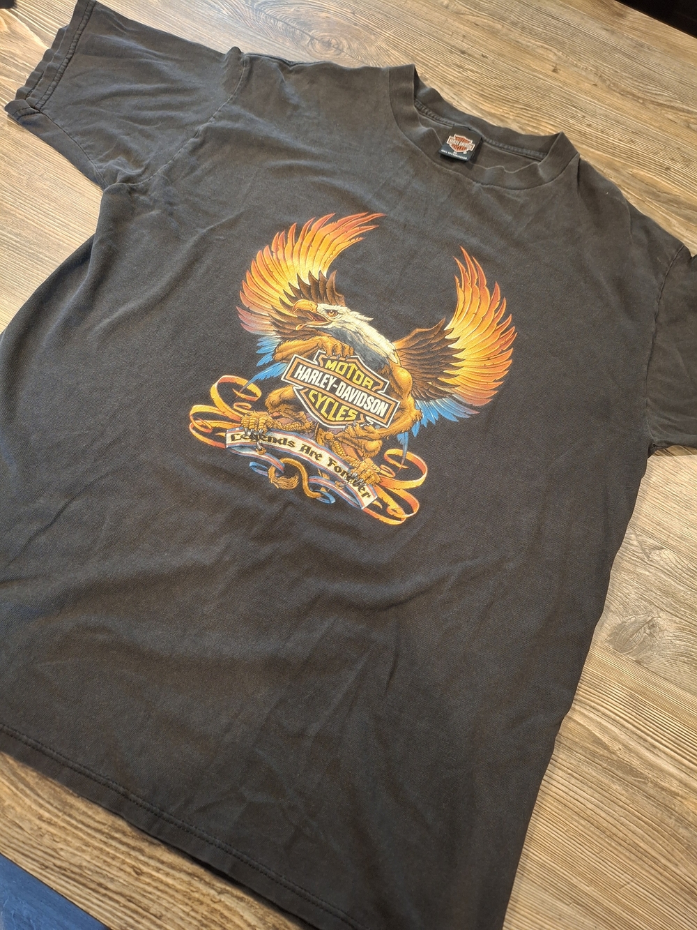Harley-Davidson Black Tee with Orange & Blue Eagle Graphic